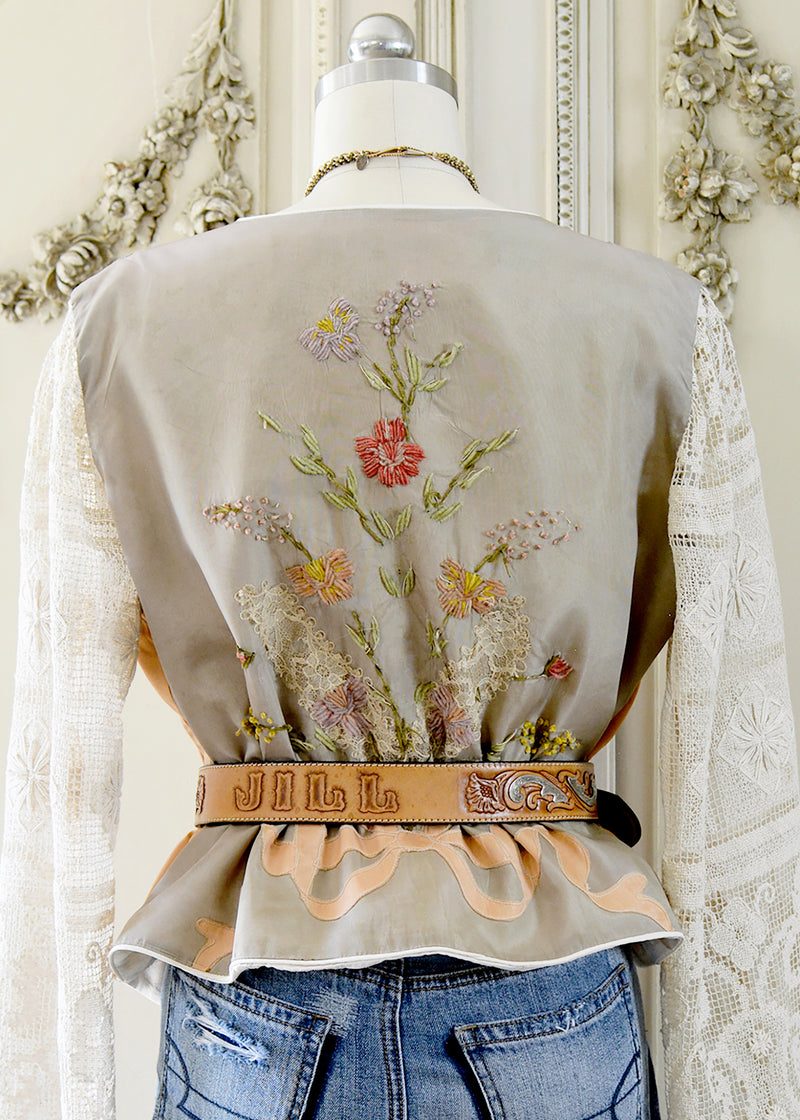 Natalie Antique Hand Embroidered Silk Ribbon Work Jacket with Filet Lace Sleeves