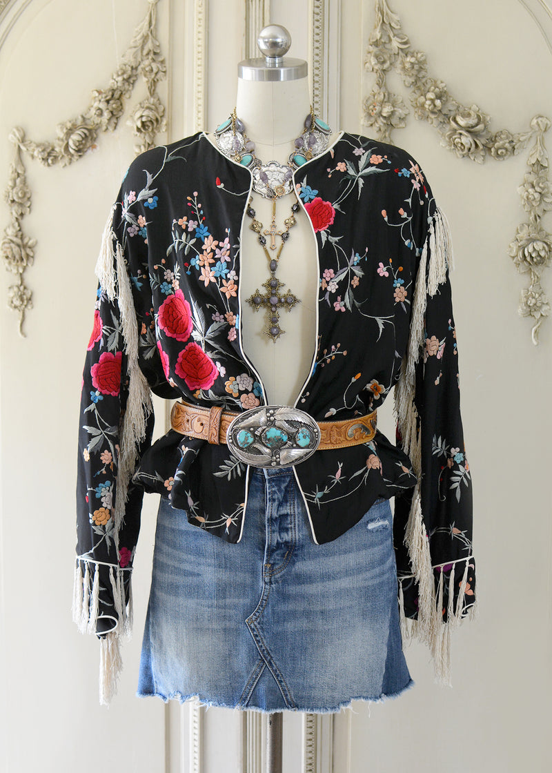 Nelly Antique Hand Embroidered Black & Rose Silk Waist Jacket with Tassel Fringes