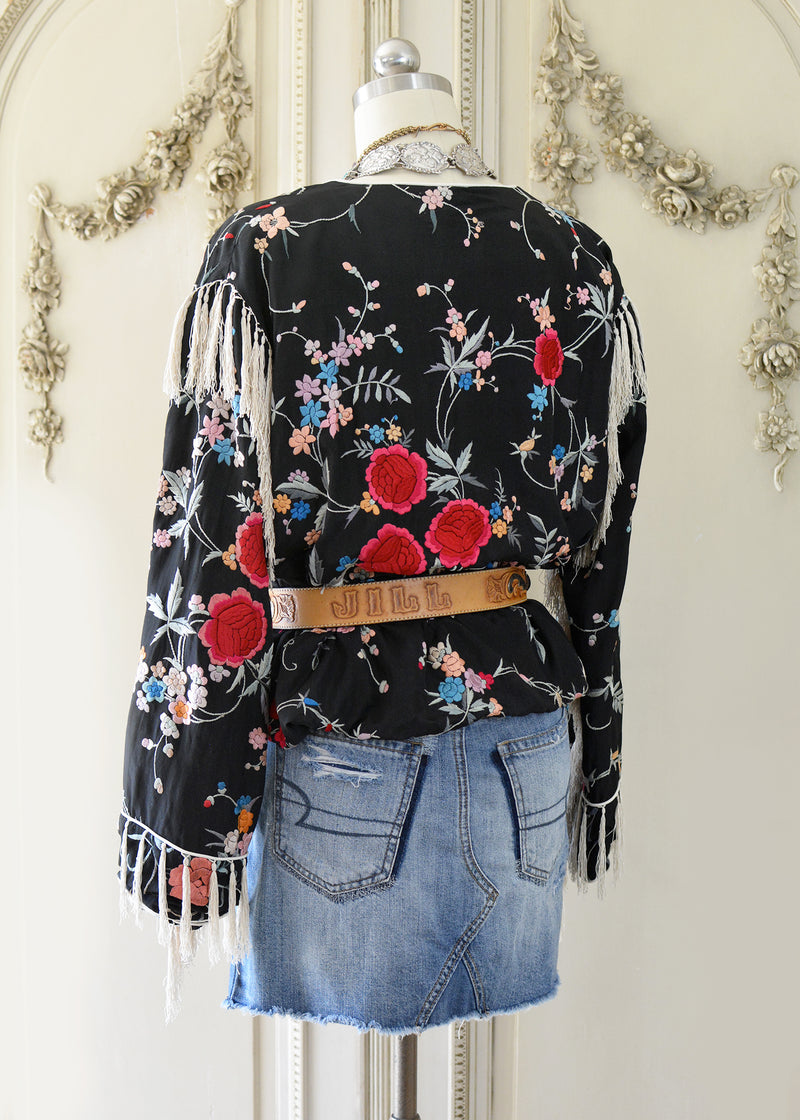 Nelly Antique Hand Embroidered Black & Rose Silk Waist Jacket with Tassel Fringes