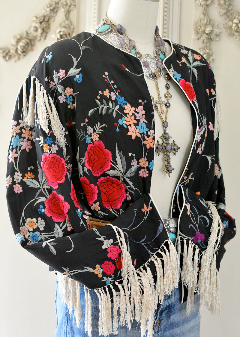 Nelly Antique Hand Embroidered Black & Rose Silk Waist Jacket with Tassel Fringes
