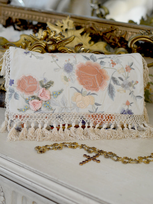 Antique Silk Clutch with Peach & Lavender Ribbon Work Embroidery