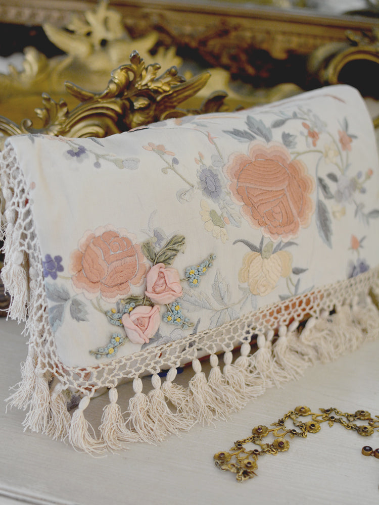 Antique Silk Clutch with Peach & Lavender Ribbon Work Embroidery