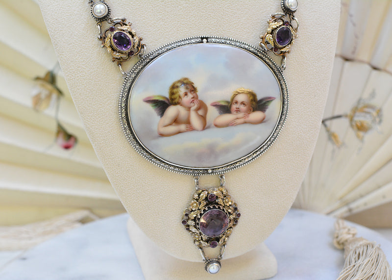 19 th. C. Gilded Raphael's Angels Hand Painted Portrait Necklace with Amethyst & Pearls
