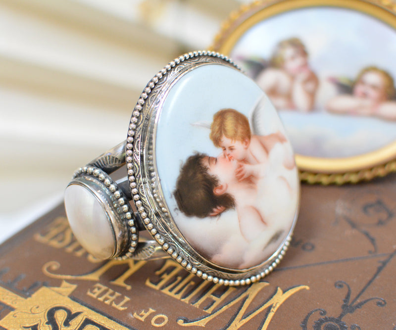 19 th. C. French Porcelain of Psyche - Cupids Kiss Cuff Bracelet