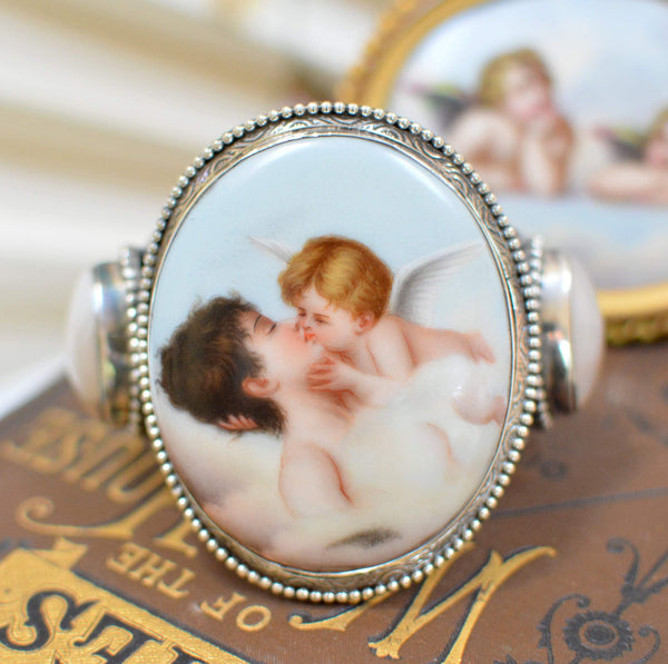 19 th. C. French Porcelain of Psyche - Cupids Kiss Cuff Bracelet