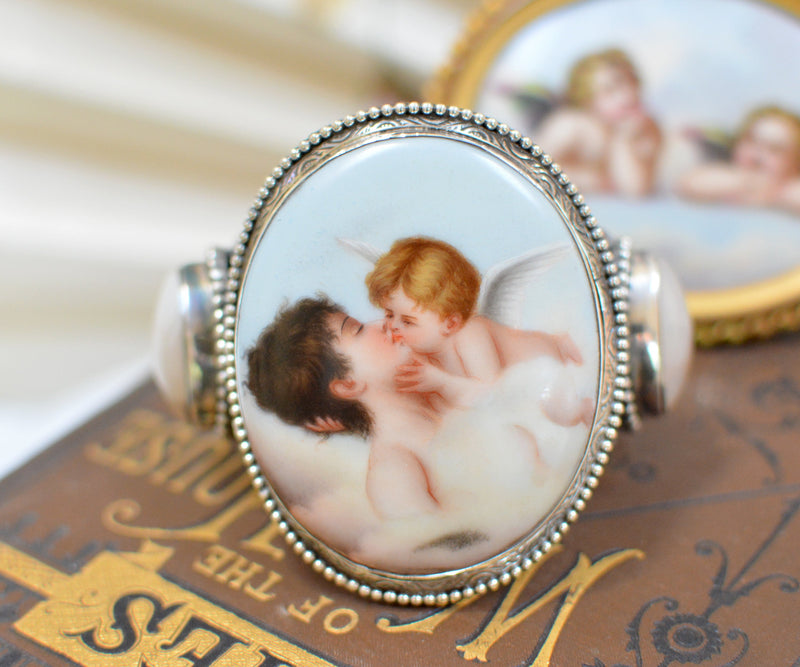 19 th. C. French Porcelain of Psyche - Cupids Kiss Cuff Bracelet