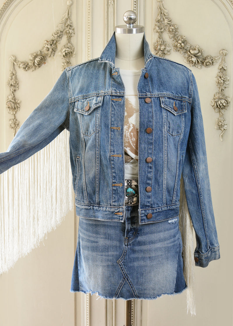 Reese Vintage Denim Cowgirl Rancher Jacket with Antique Silk Fringes