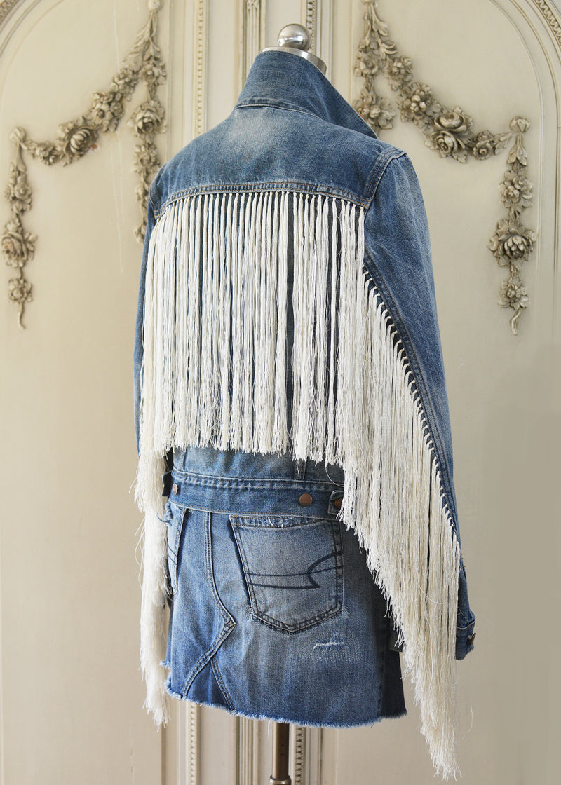 Reese Vintage Denim Cowgirl Rancher Jacket with Antique Silk Fringes