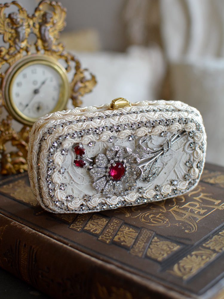 Antique Hand Embroidered Silk with Ruby Floral French Paste Minaudiere