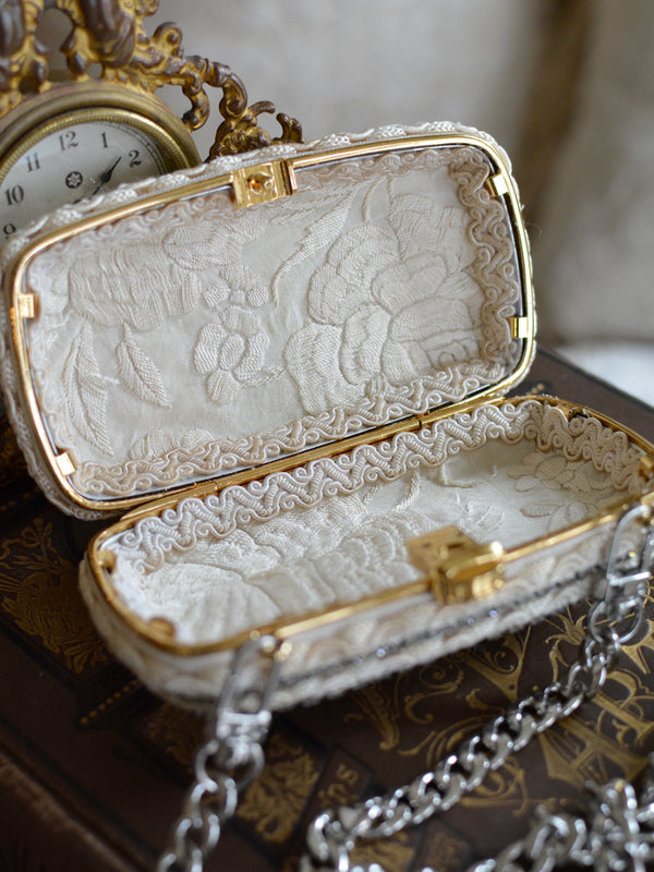 19 th. C. Hand Embroidered Silk Crepe Needlework Lace Overlay & Ruby Floral Paste Minaudiere