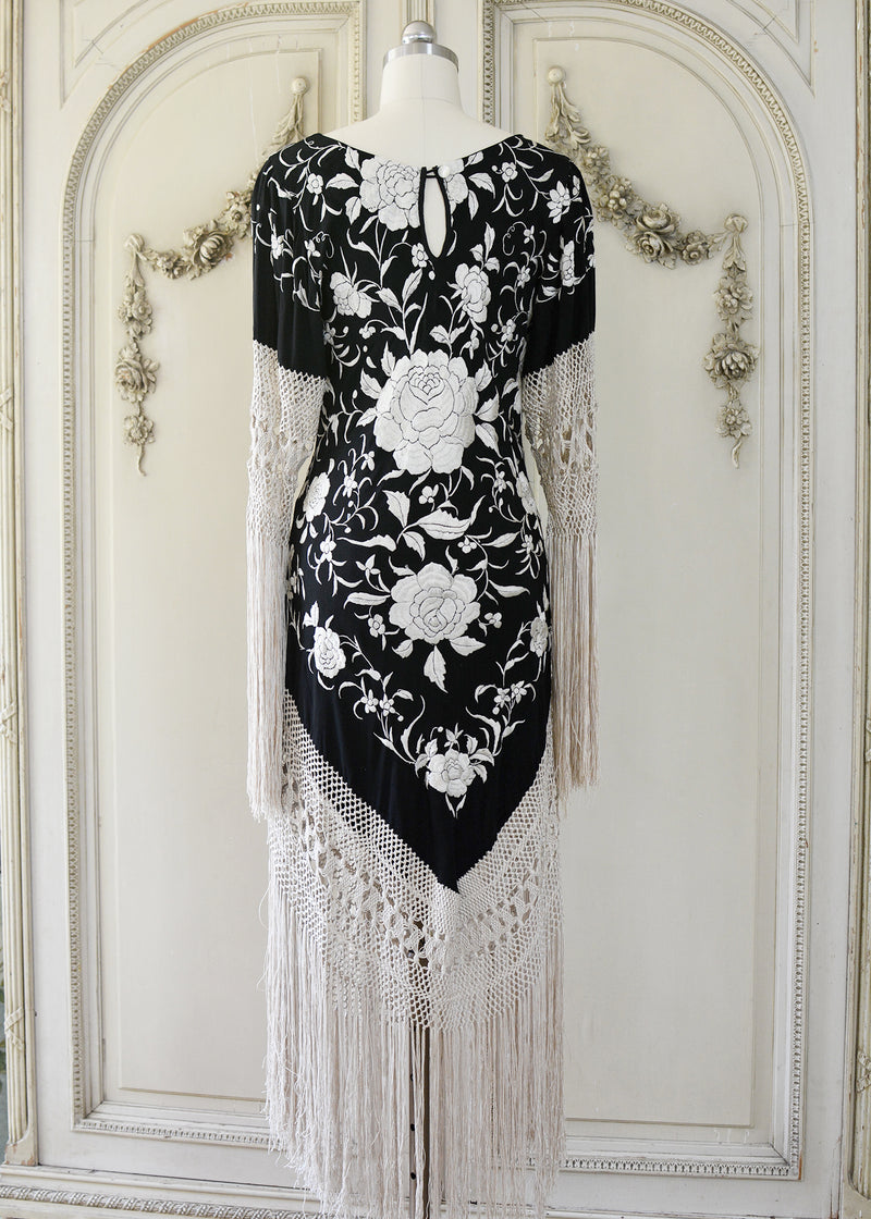 Sabine Antique Hand Embroidered Black & Creme Silk Crepe Brunch Dress Jill Garber Couture Sabine Antique Hand Embroidered Black & Creme Silk Crepe Brunch Dress Jill Garber Couture