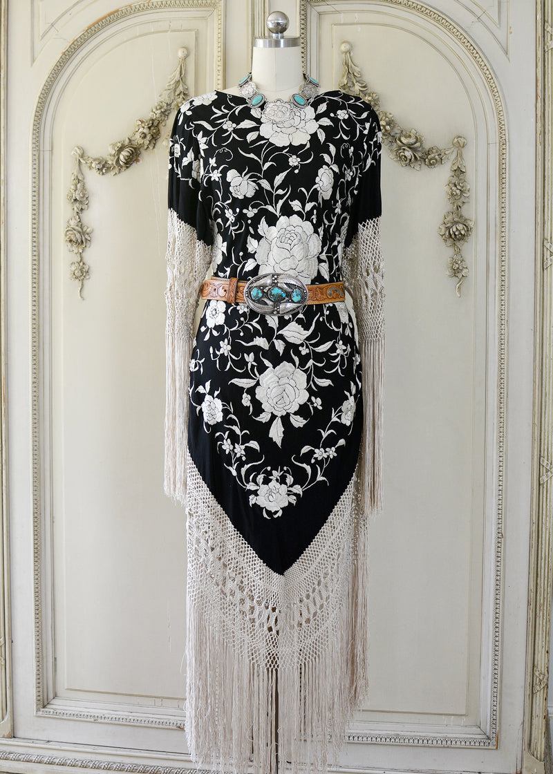 Sabine Antique Hand Embroidered Black & Creme Silk Crepe Brunch Dress Jill Garber Couture Sabine Antique Hand Embroidered Black & Creme Silk Crepe Brunch Dress Jill Garber Couture