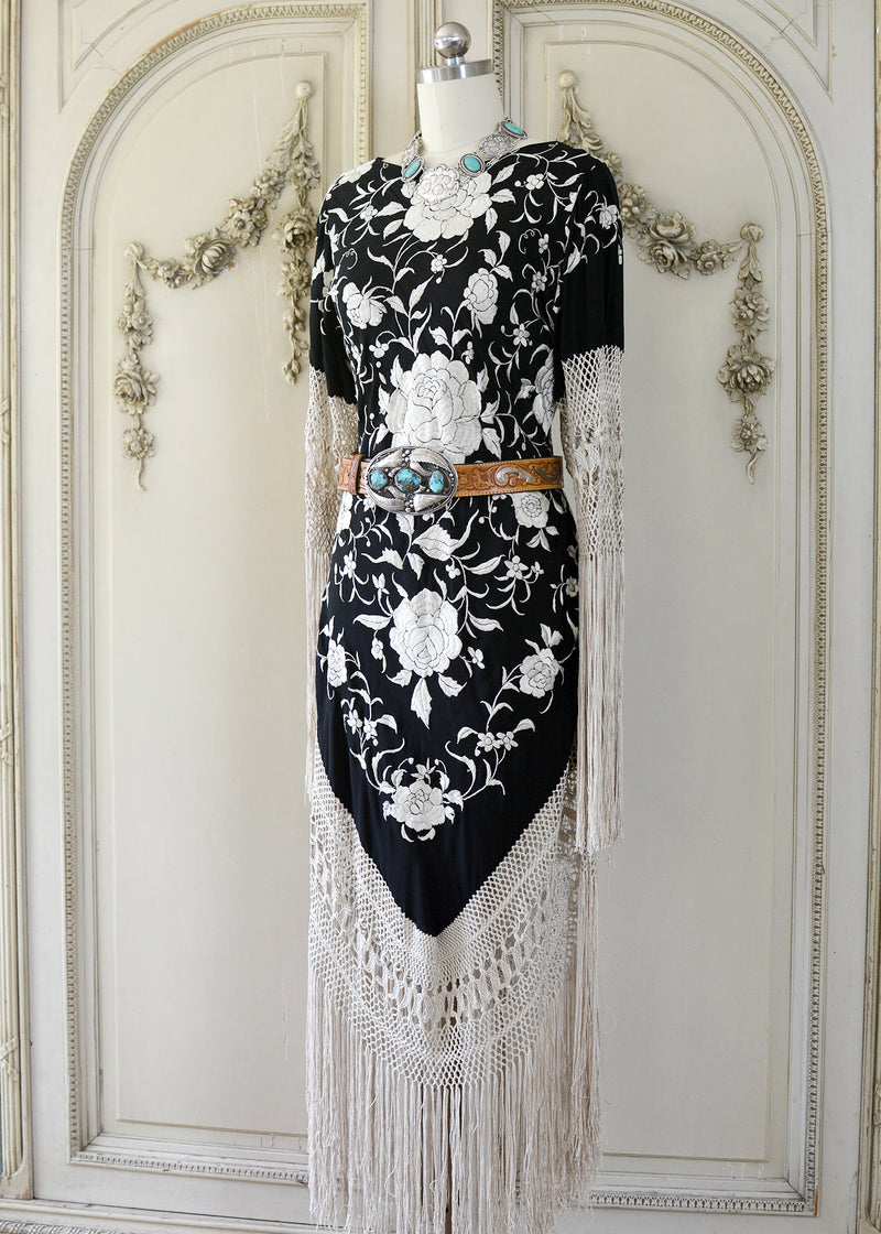 Sabine Antique Hand Embroidered Black & Creme Silk Crepe Brunch Dress Jill Garber Couture Sabine Antique Hand Embroidered Black & Creme Silk Crepe Brunch Dress Jill Garber Couture