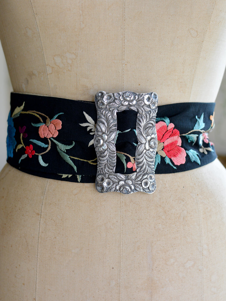 Sterling Silver & Multi Floral Black Mucha Belt