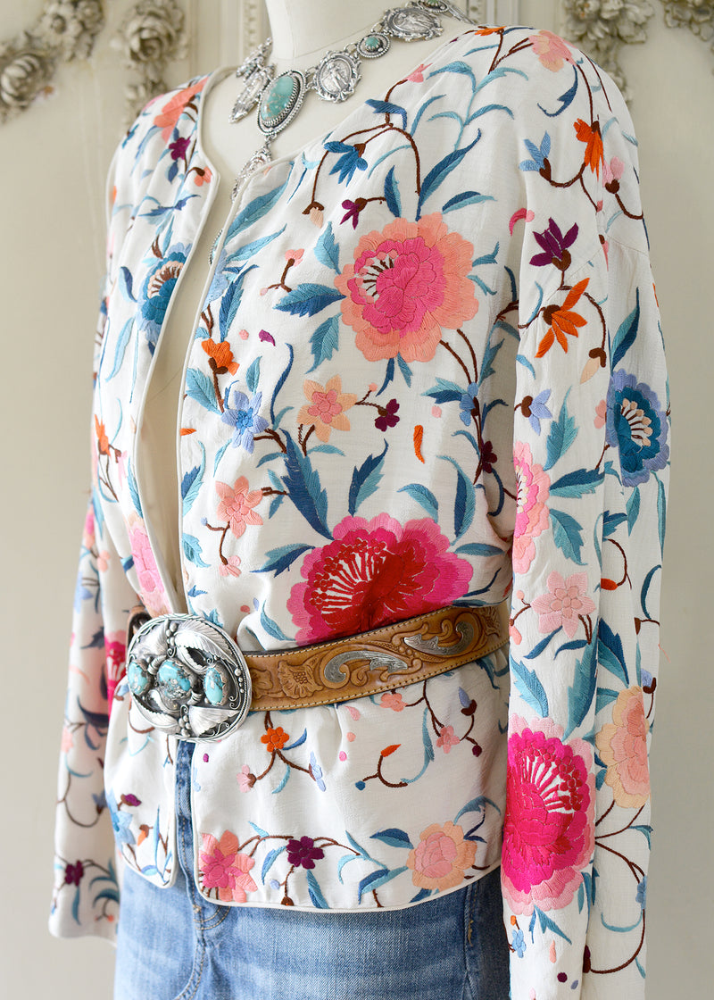 Stella Antique Hand Embroidered Creme, Teal & Rose Silk Crepe Drop Shoulder Jacket