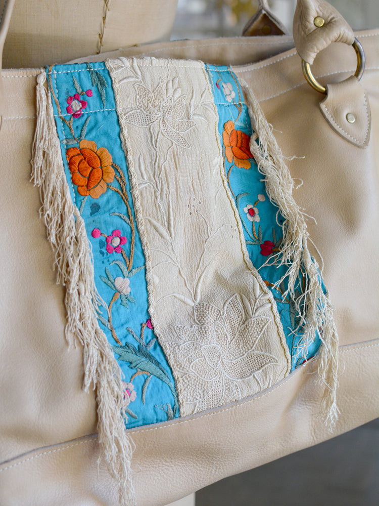 Palomino Tanned Leather & Turquoise Silk Prairie Tote - SOLD