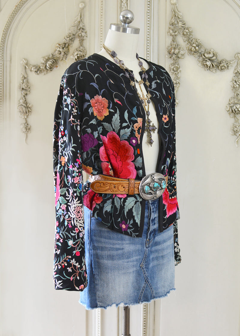 Tess Antique Hand Embroidered Black, Red & Apricot Silk Crepe Jacket with Roses