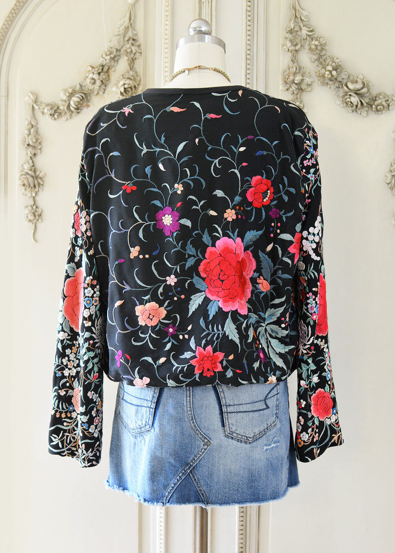 Tess Antique Hand Embroidered Black, Red & Apricot Silk Crepe Jacket with Roses