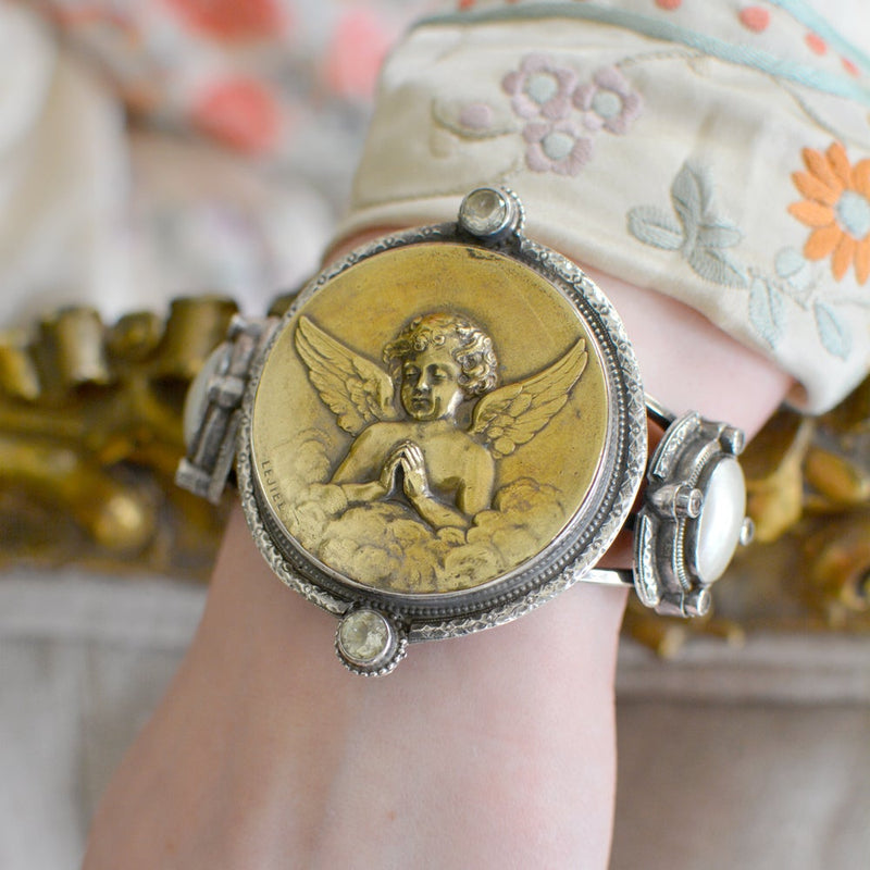 Early 19 th. C. French Gilded Lejiel Angel Medallion Cuff with Green Amethyst & Mother-of-Pearl