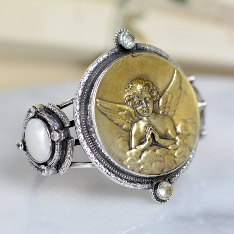 Early 19 th. C. French Gilded Lejiel Angel Medallion Cuff with Green Amethyst & Mother-of-Pearl