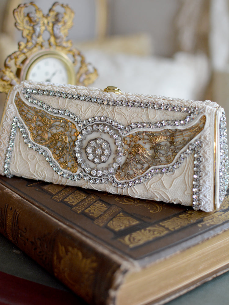 Rococo Filigree Wings with French Paste & Hand Embroidered Silk Minaudiere
