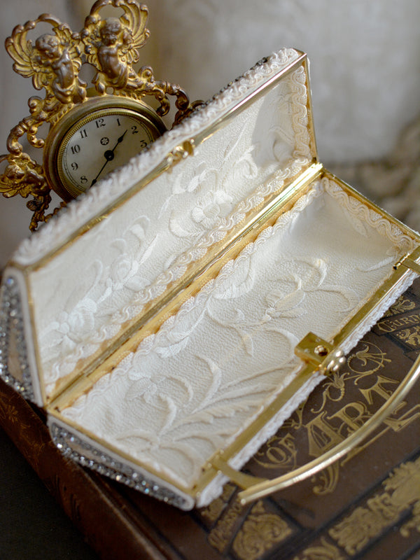 Hand Embroidered Silk Minaudiere with French Paste Medallion and Gilded Filigree Wings