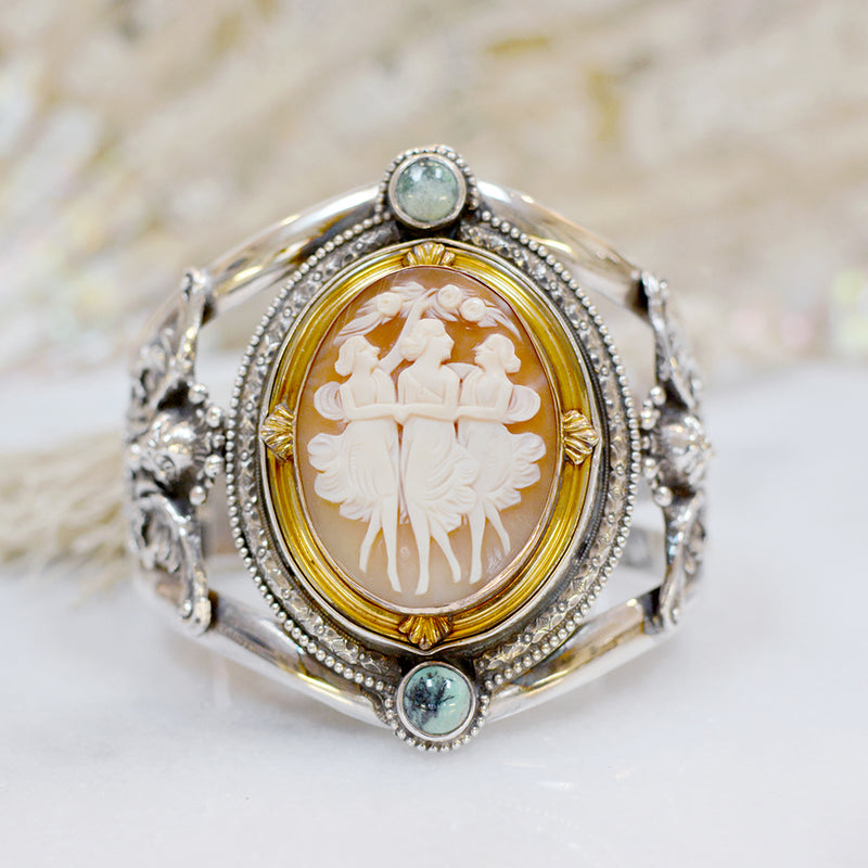 19 th. C. Venetian Three Graces Cameo Cuff with Figural Angels and Turquoise - SOLD